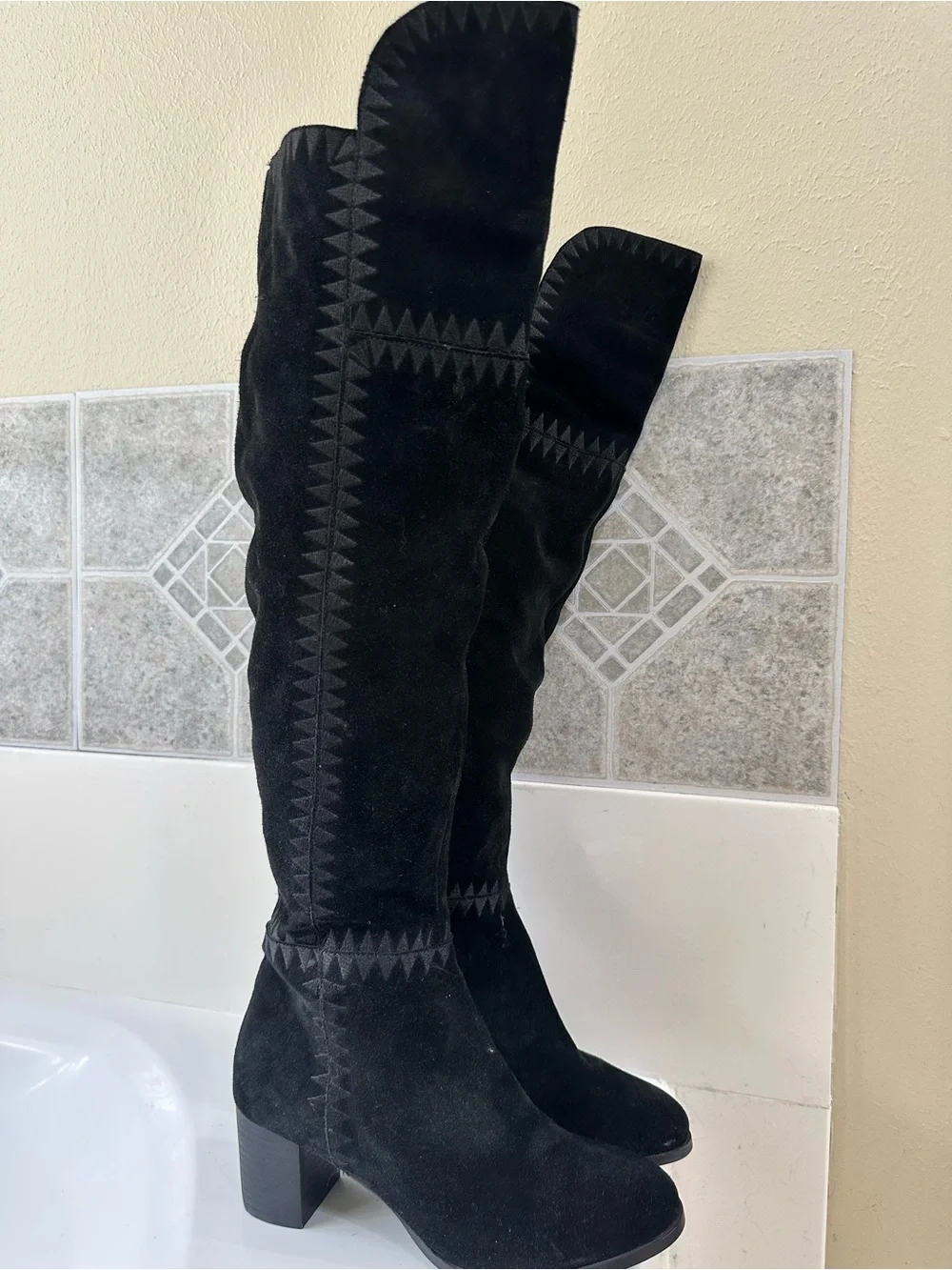 Matisse Black Suede Over-the-Knee Boots with Geometric Stitching